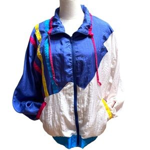 Vintage 80s Colorblock Windbreaker Jacket Large Blue Pink Neon Retro